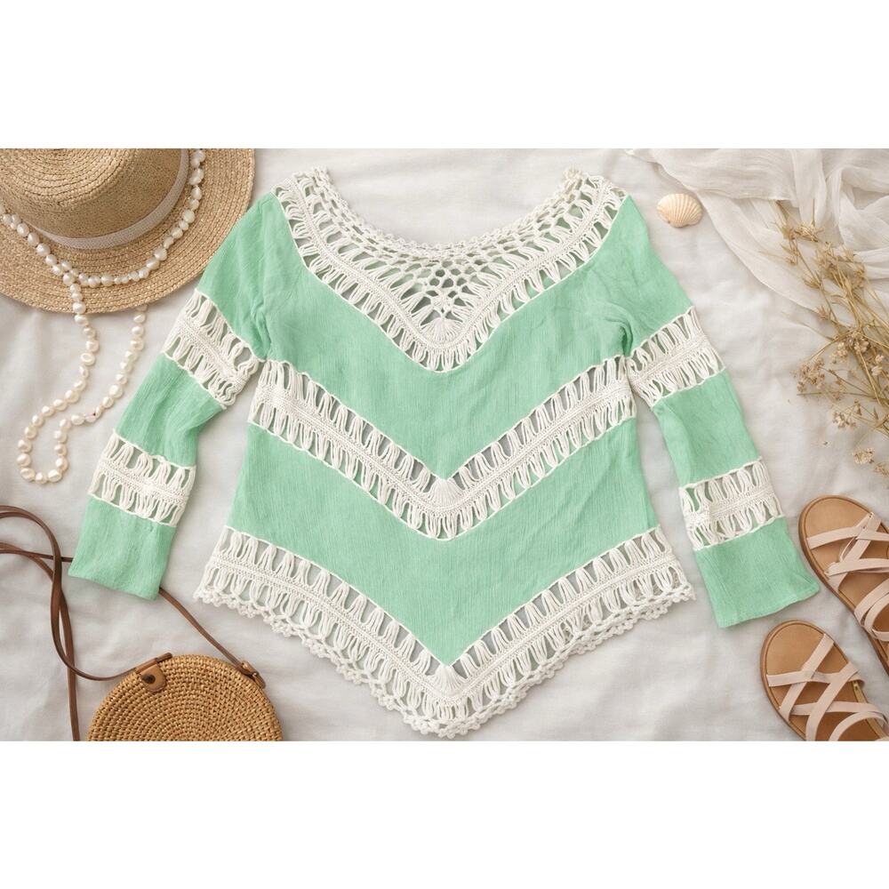 Womens Boho V Neck Crochet Tunic Top Blouse Shirt Hollow Out Beach Coverup Small